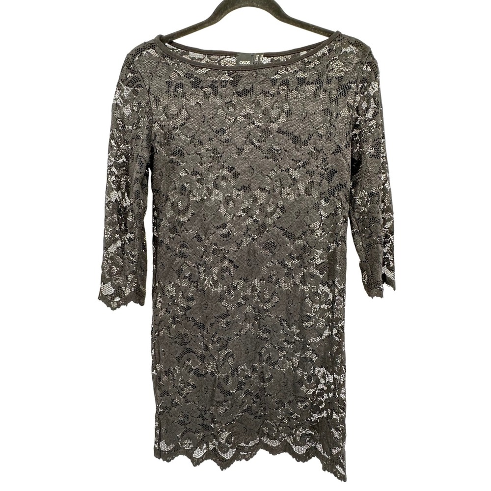 ASOS Black Lace Boat Neck 3/4 Sleeve Sheer Sheath Dress Size 6 NYE Glam Dress Up